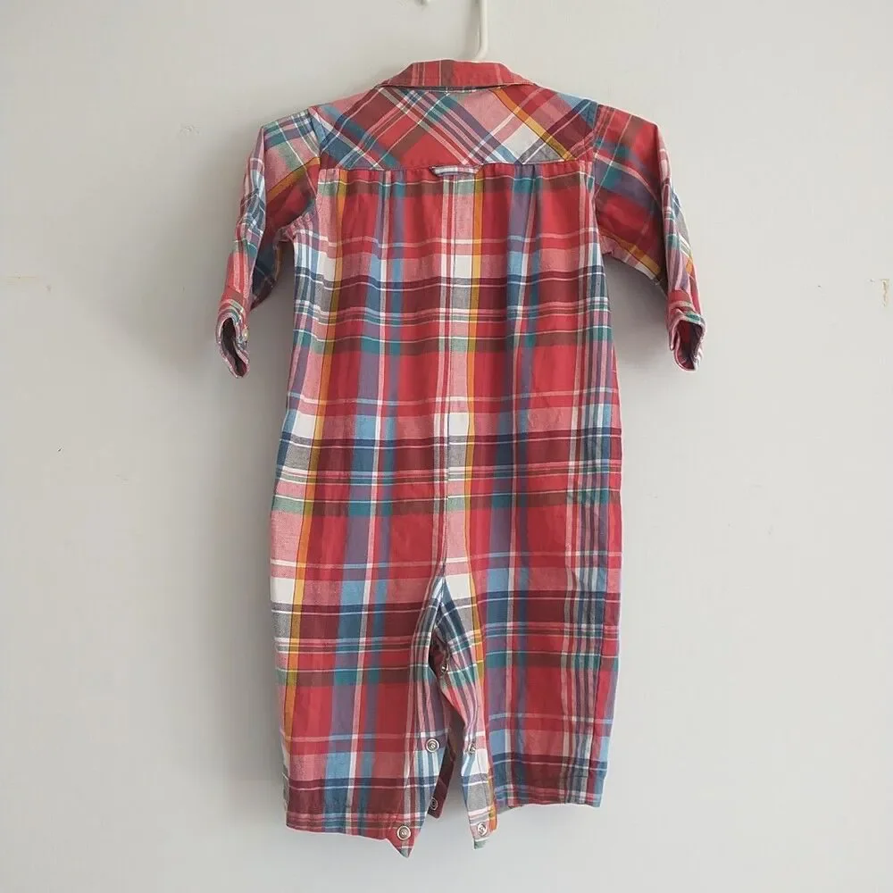 Ralph Lauren Overall Onepiece Baby Boy 9M Plaid Striped Cotton Button Logo 2xLot